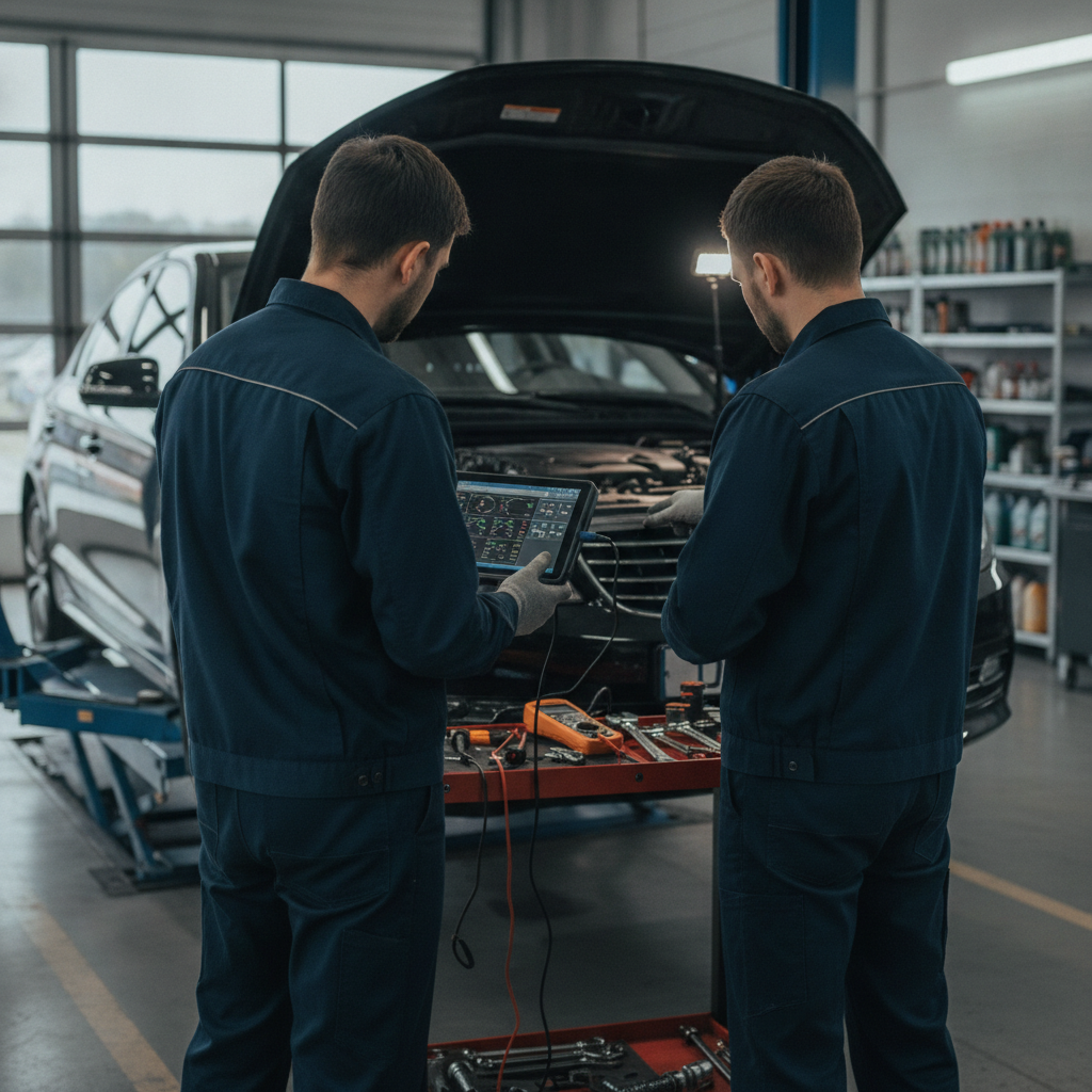 Create a realistic, professional service-business photograph showing Car Diagnostic Service from behind, with the backs of their heads visible. Do not show any faces, facial features, front-facing views or side views, profiles, or identifia