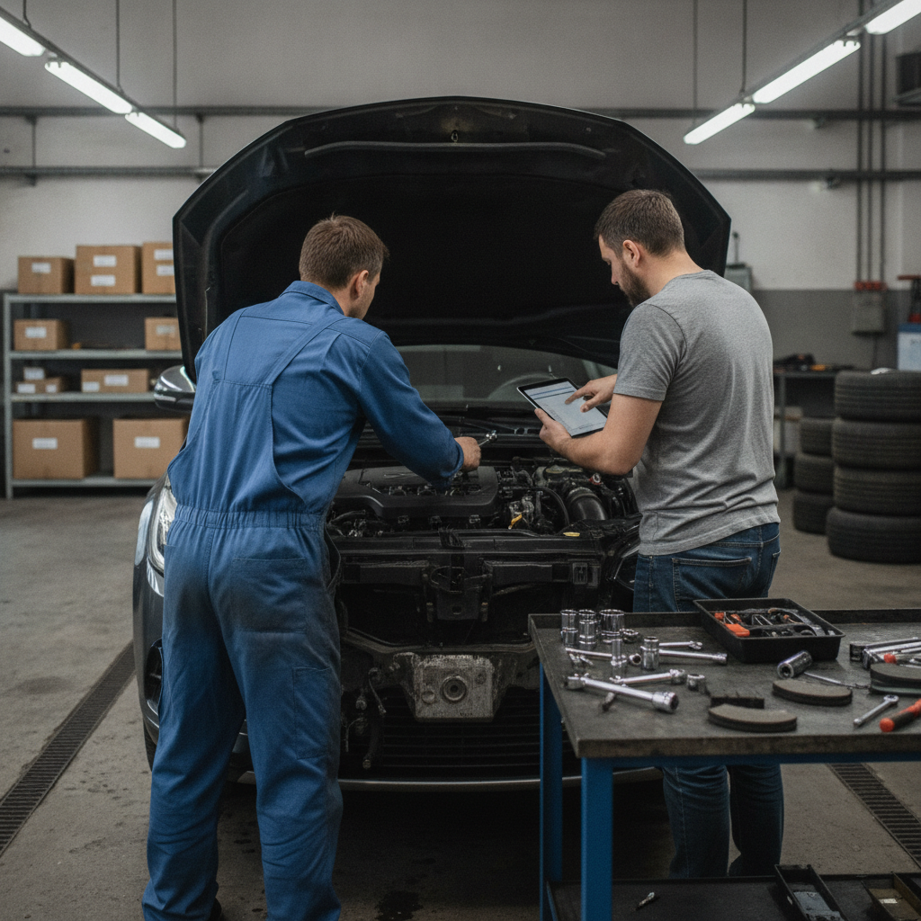 Create a realistic, professional service-business photograph showing Discount Car Parts from behind, with the backs of their heads visible. Do not show any faces, facial features, front-facing views or side views, profiles, or identifiable 
