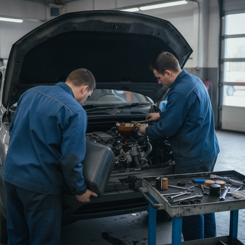 Create a realistic, professional service-business photograph showing Engine Oil from behind, with the backs of their heads visible. Do not show any faces, facial features, front-facing views or side views, profiles, or identifiable people. 